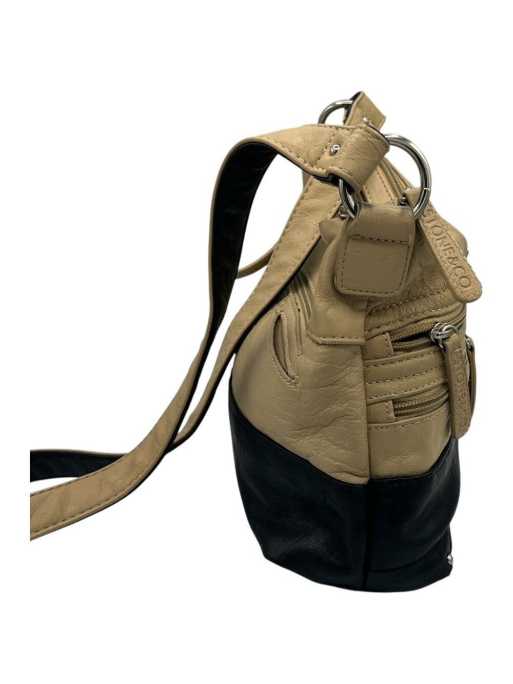 Stone & Co Cross Body Shoulder Bag Beige & Black Multi Zipper Faux Leather - Picture 2 of 16
